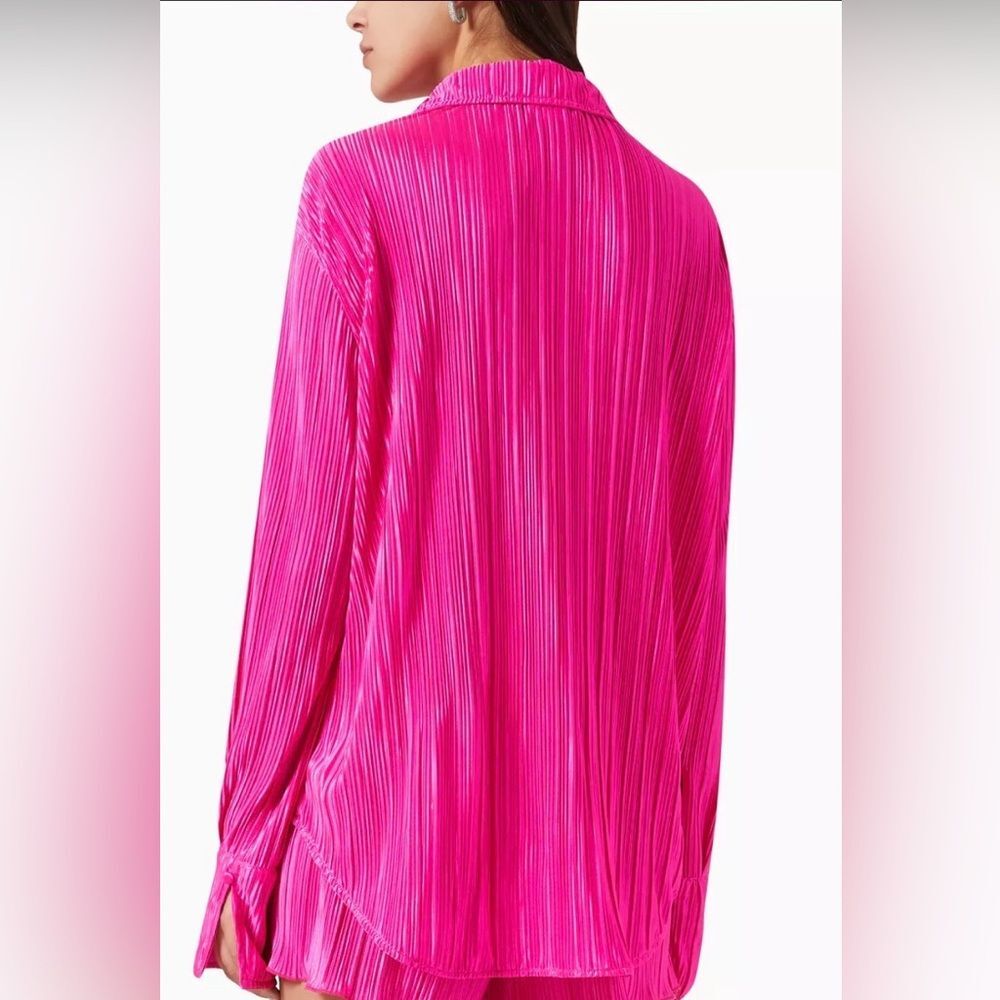 Good American Fuchsia Always Fits Plisse Pleated Button Down Blouse Size 5/6 NWT - Picture 2 of 13